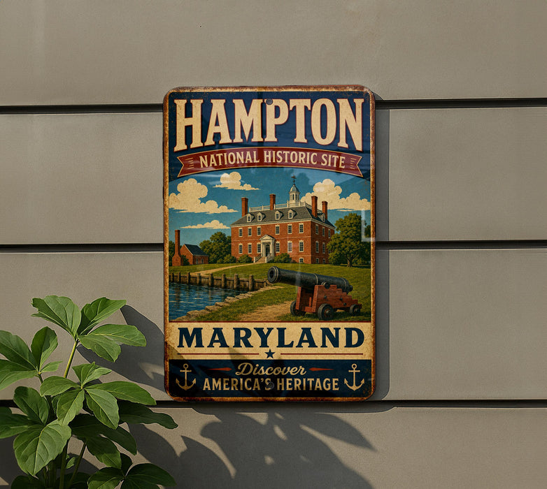 A vintage metal sign for the Hampton National Historic Site in Maryland, featuring an illustration of a historic building and a cannon.