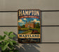A vintage metal sign for the Hampton National Historic Site in Maryland, featuring an illustration of a historic building and a cannon.