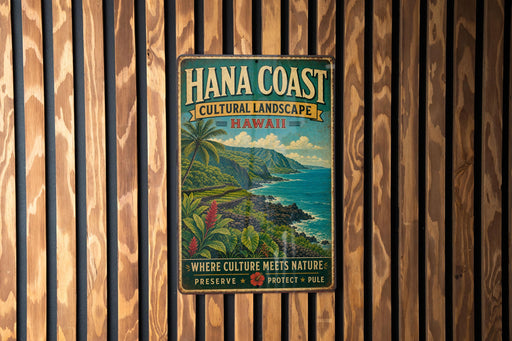 A vintage-style metal sign for the Hana Coast, Hawaii, featuring a tropical landscape with palm trees, mountains, and the ocean.