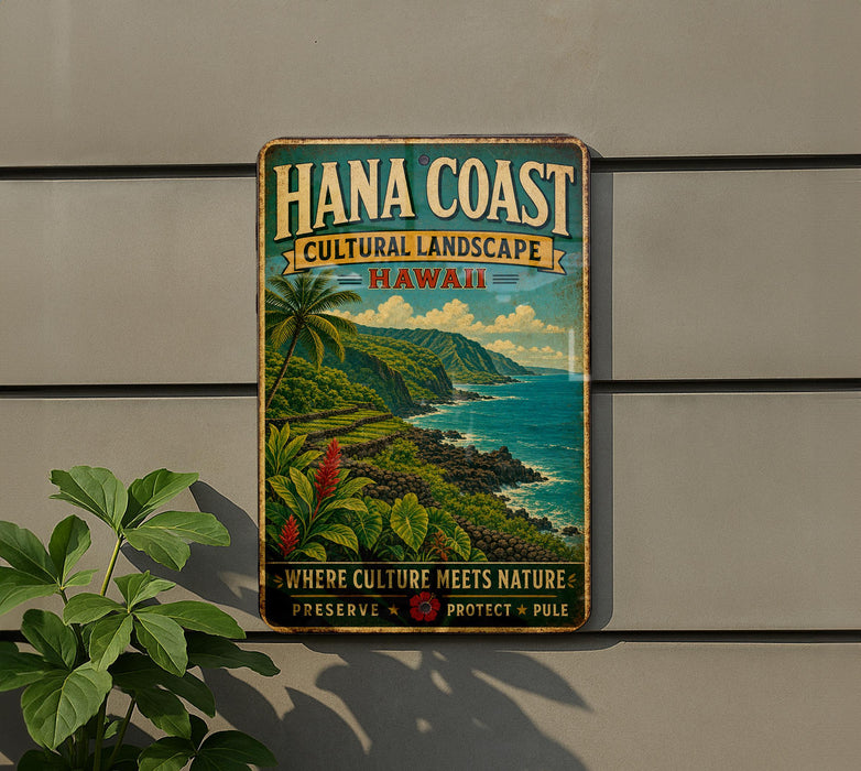 A vintage-style metal sign for the Hana Coast, Hawaii, featuring a tropical landscape with palm trees, mountains, and the ocean.
