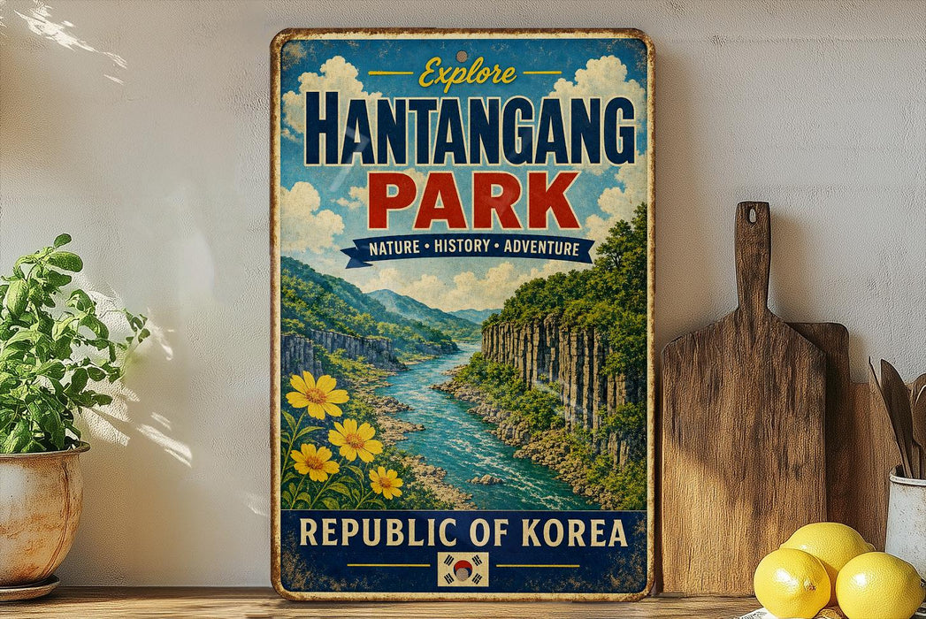 a vintage-style sign for Hantangg Park, the Republic of Korea, with a scenic illustration of a river and mountains.