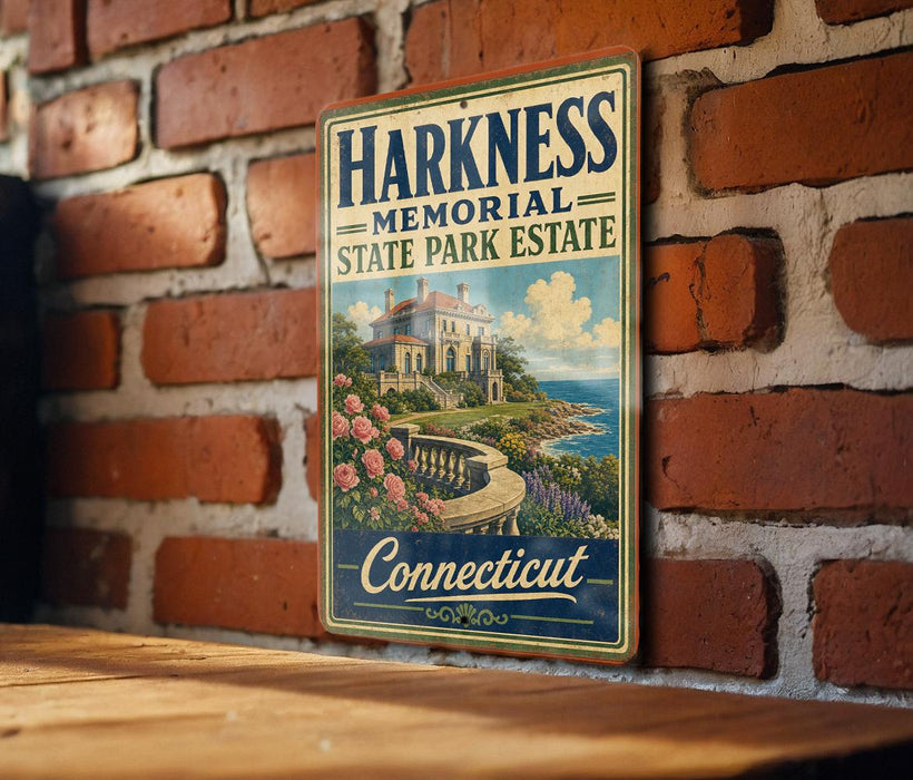 A vintage metal sign for the Harkness Memorial State Park Estate in Connecticut, featuring a scenic illustration of a house surrounded by a garden and overlooking the ocean.