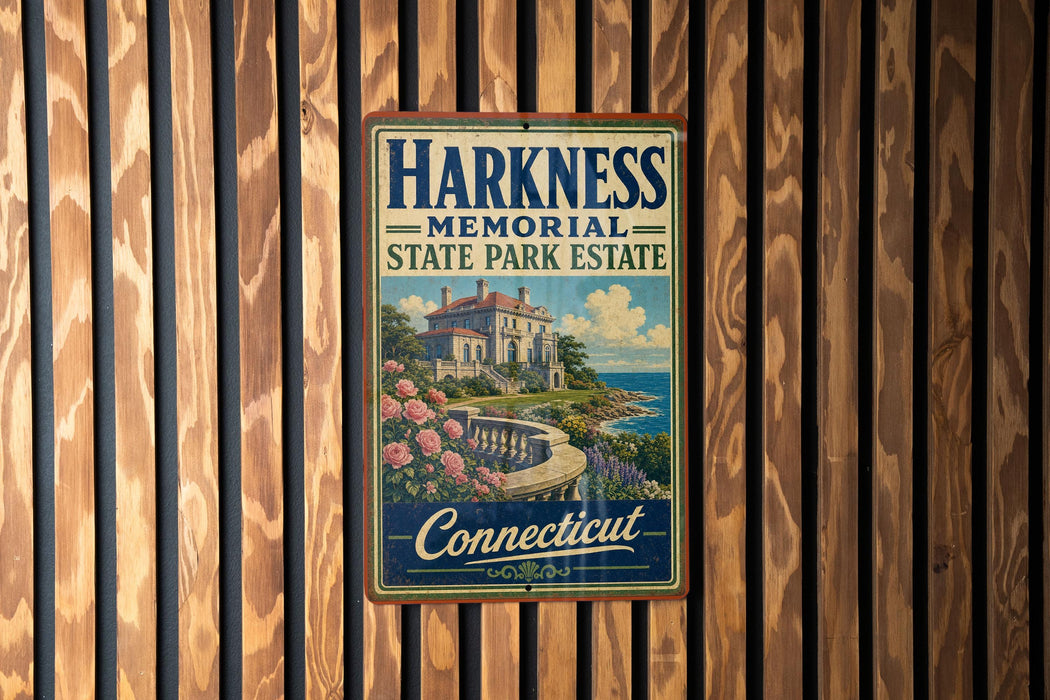 A metal sign with the text "HARKNESS MEMORIAL STATE PARK ESTATE Connecticut" is displayed on a wooden wall.