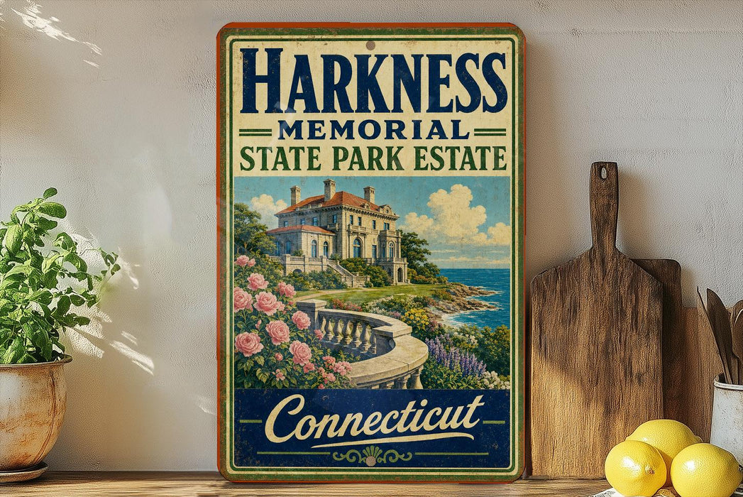 A vintage-style sign for the Harkness Memorial State Park Estate in Connecticut, featuring a picturesque illustration of a mansion overlooking a scenic landscape.