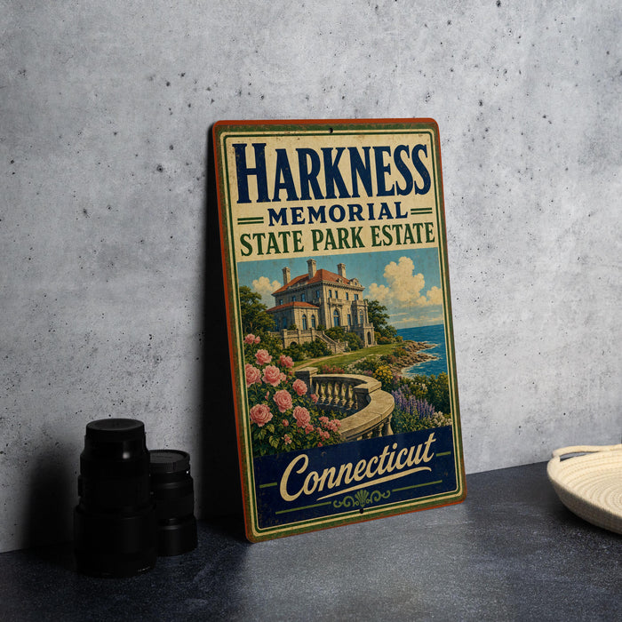 A vintage metal sign for the Harkness Memorial State Park Estate in Connecticut, featuring a scenic illustration of a house surrounded by flowers and a winding path.