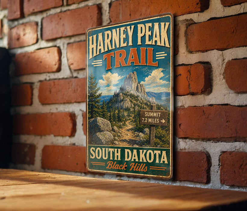A vintage trail sign for the Harney Peak Trail in South Dakota, featuring a mountain landscape and trail markers.