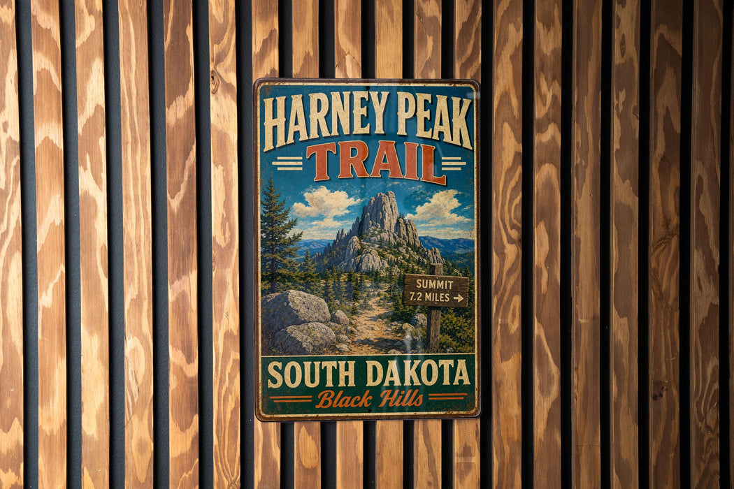 A vintage metal sign for the Harney Peak Trail in South Dakota, featuring a mountain landscape and trail information.
