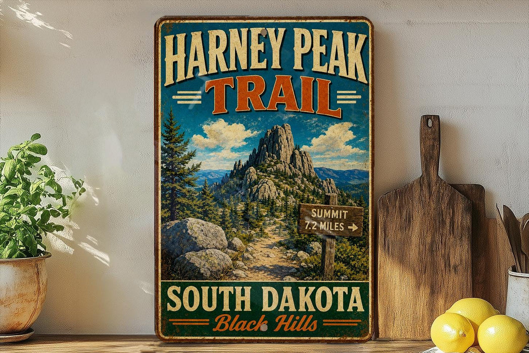 A vintage-style metal sign for the Harney Peak Trail in South Dakota, featuring a scenic mountain landscape with a trail sign and a sign indicating the trail's summit.