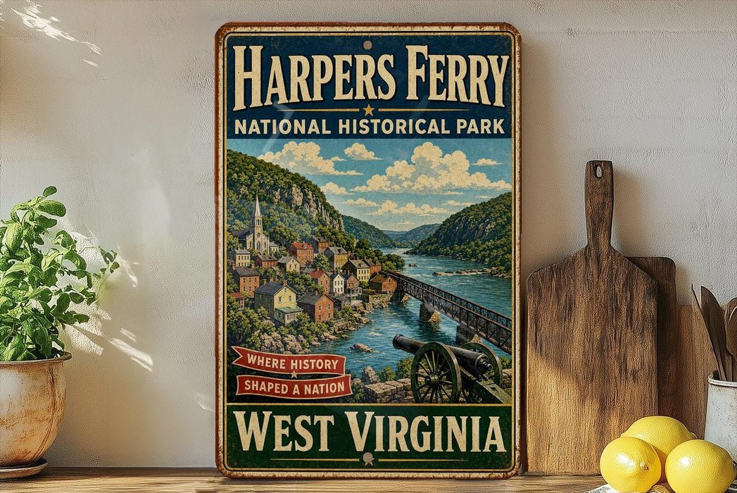 A vintage-style metal sign for the Harpers Ferry National Historical Park in West Virginia, featuring a scenic illustration of the park and its surroundings.