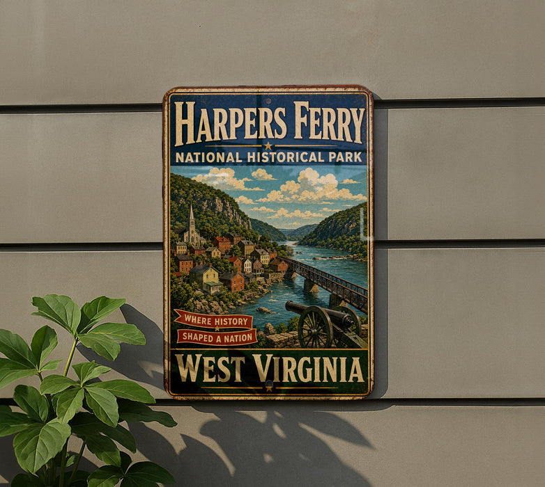 A vintage-style metal sign for the Harpers Ferry National Historical Park in West Virginia, featuring a scenic image of the park and a bridge.