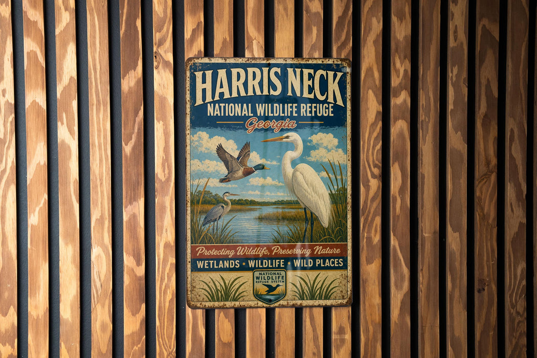 A vintage metal sign for the Harris Neck National Wildlife Refuge in Georgia, featuring an illustration of a bird and a seagull.