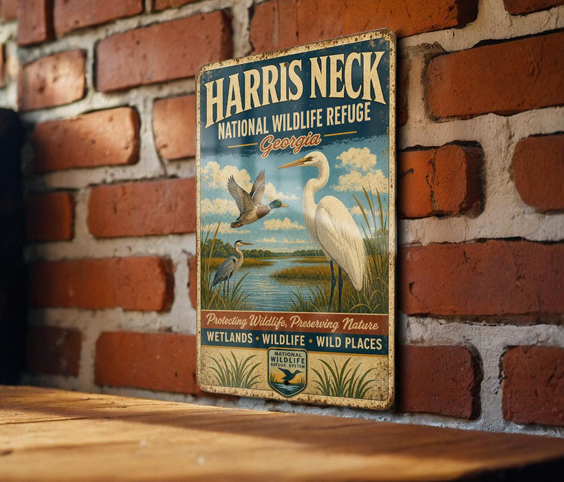 A vintage-style metal sign for the National Wildlife Refuge in Georgia, featuring an illustration of a crane and other wildlife in a grassy field.