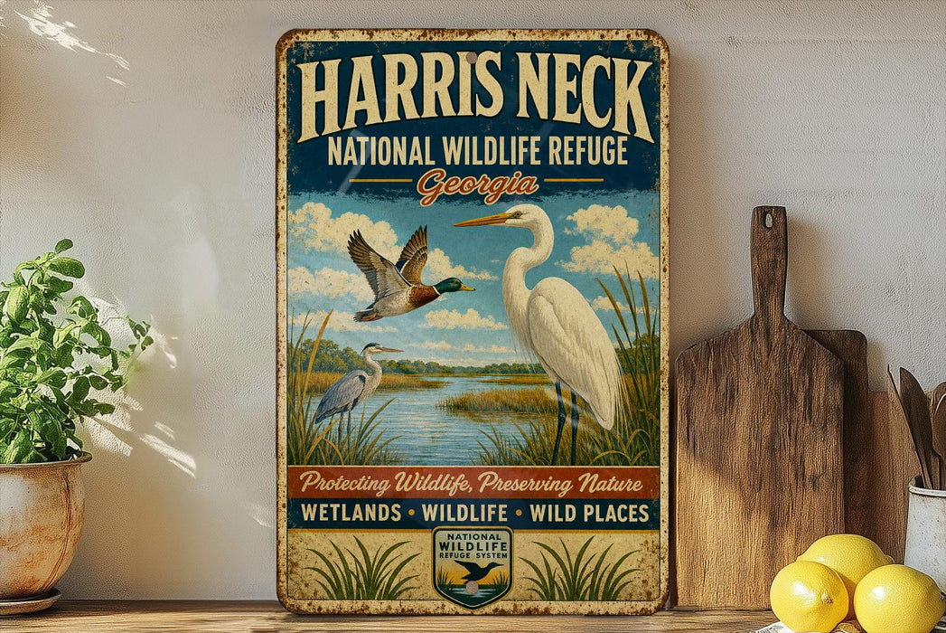 A vintage-style metal sign for the National Wildlife Refuge in Georgia, featuring illustrations of birds and wetlands.
