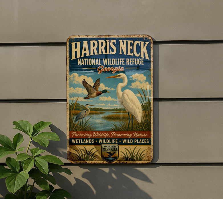 A vintage-style metal sign for the Harris Neck National Wildlife Refuge in Georgia, featuring illustrations of birds and wetlands.