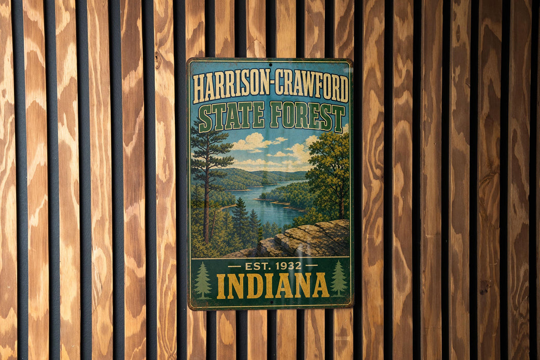 A vintage metal sign for Harrison-Crawford State Forest, featuring a scenic landscape with a river and mountains.