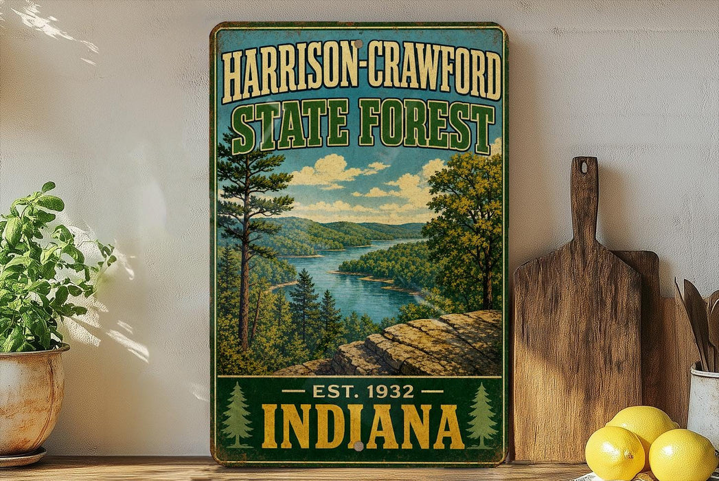 A vintage-style metal sign for the Harrison-Crawford State Forest in Indiana, featuring a scenic landscape with a river and forest.
