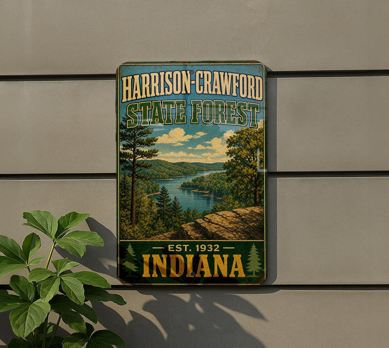 A vintage-style metal sign for the Harrison-Crawford State Forest in Indiana, featuring a scenic landscape with a river and trees.