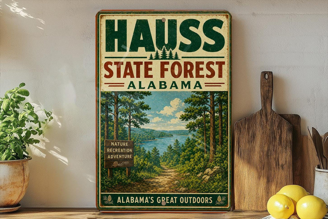 a vintage-style metal sign for the Haus State Forest in Alabama, with a scenic illustration of a forest and a lake. The sign is displayed on a wooden shelf, surrounded by various kitchen utensils and a potted plant.