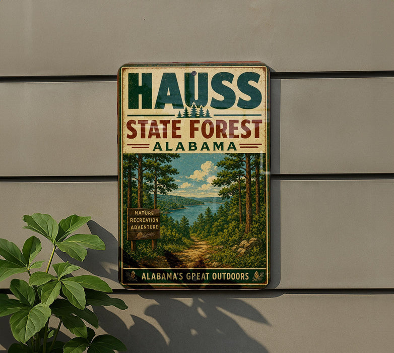 A vintage-style metal sign for the Haus State Forest in Alabama, featuring a scenic illustration of a forest landscape with a lake in the background.