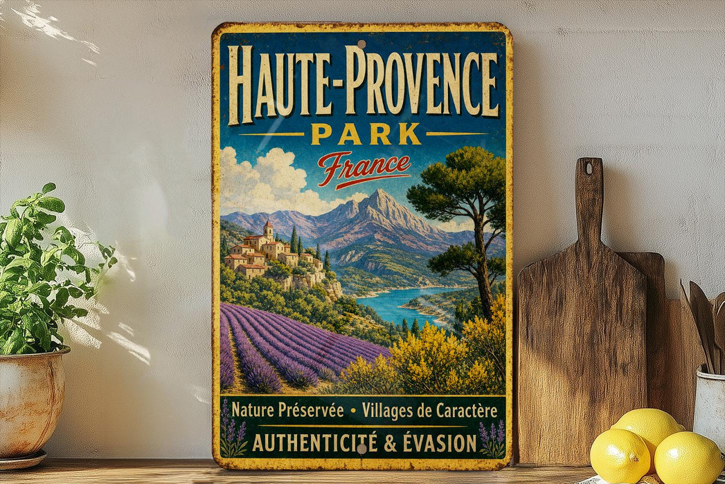 A vintage metal sign for Haute-Provence Park in France, featuring a scenic landscape with mountains, fields, and a river.