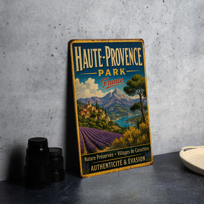 A vintage metal sign for Haute-Provence Park, France, featuring a scenic landscape with mountains, villages, and lavender fields.