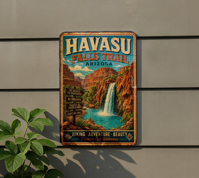 A vintage-style metal sign for Havasu Falls Trail in Arizona, featuring a waterfall and desert landscape.