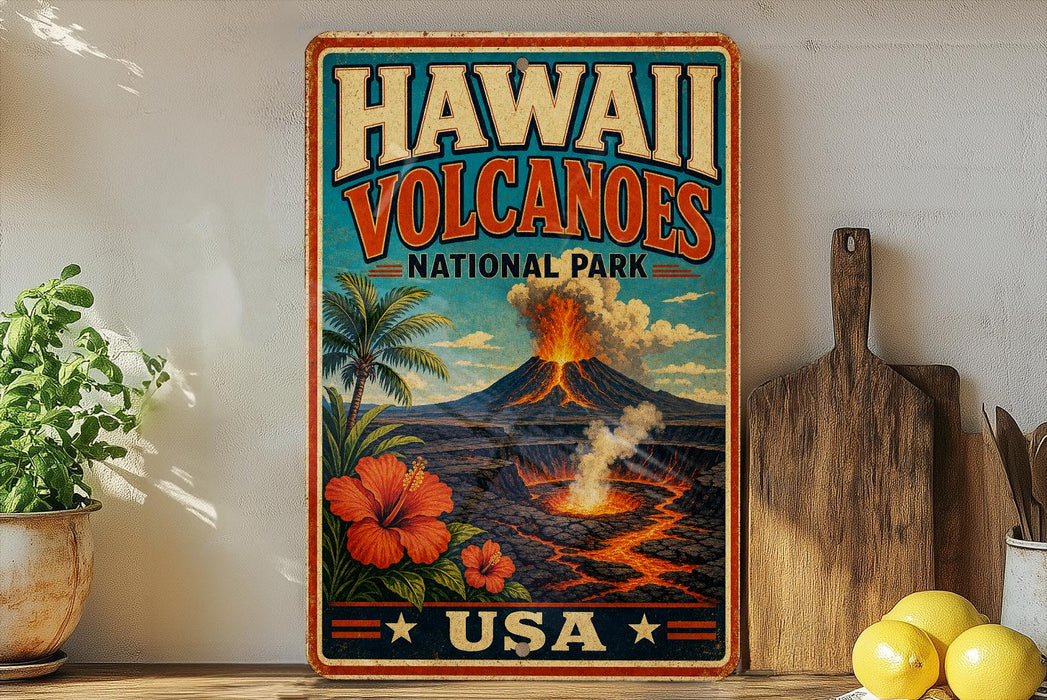 A vintage-style sign for the Hawaiian Volcanoes National Park, featuring a colorful illustration of a volcano with a lava flow and tropical vegetation.