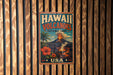 A vintage-style sign for the Hawaiian Volcanoes National Park, featuring a colorful illustration of a volcano surrounded by tropical flowers and palm trees.