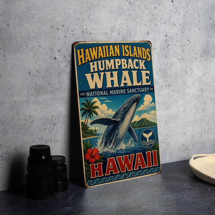 A vintage-style sign for the Hawaiian Islands humpback whale, featuring a whale jumping out of the water and surrounded by tropical elements such as palm trees and flowers.