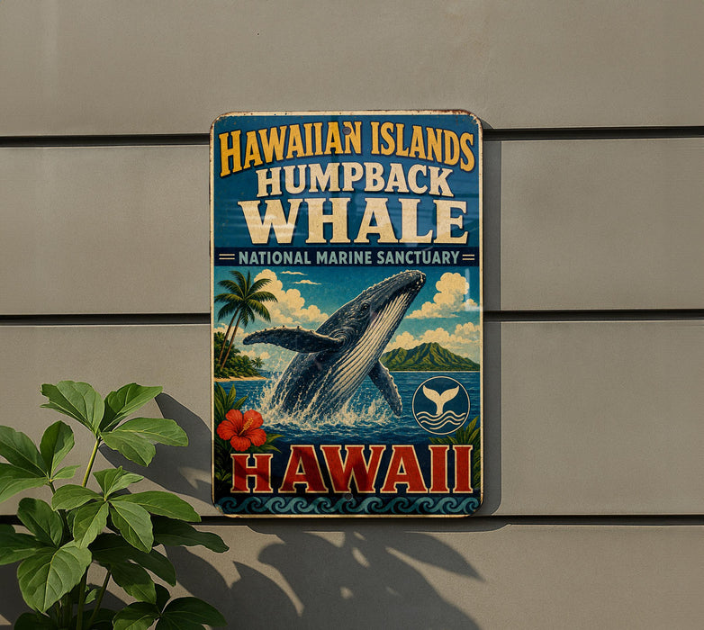 A vintage-style sign for the Hawaiian Islands humpback whale sanctuary, featuring a whale leaping out of the water and surrounded by tropical elements such as palm trees and flowers.