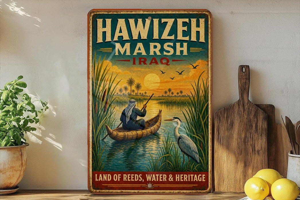 A vintage-style poster advertising Hawizeh Marsh, Iraq, featuring a man in a boat on a river surrounded by reeds and a bird.