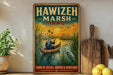 A vintage-style poster advertising Hawizeh Marsh, Iraq, featuring a man in a boat on a river surrounded by reeds and a bird.