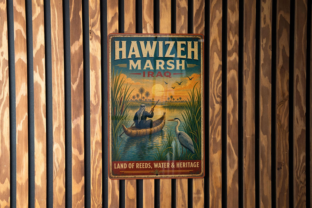 A vintage-style metal sign with the text "HAWIZEH MARSH" and "IRaq" is displayed on a wooden wall.