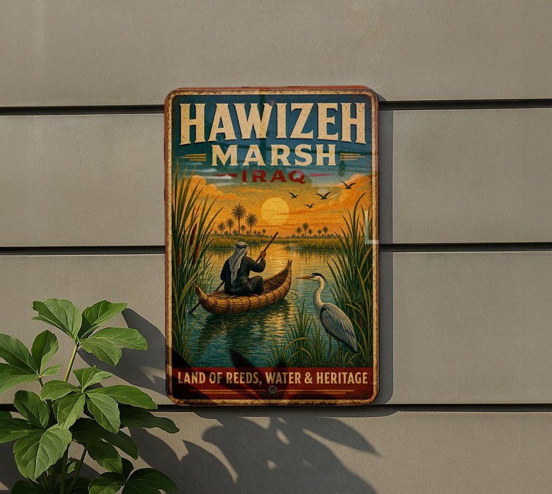 A vintage metal sign with a colorful illustration of a person in a boat on a river, surrounded by reeds and a bird, with the text "HAWIZEH MARSH Iraq" and "LAND OF REEDS, WATER & HERITAGE" displayed.