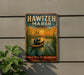 A vintage metal sign with a colorful illustration of a person in a boat on a river, surrounded by reeds and a bird, with the text "HAWIZEH MARSH Iraq" and "LAND OF REEDS, WATER & HERITAGE" displayed.