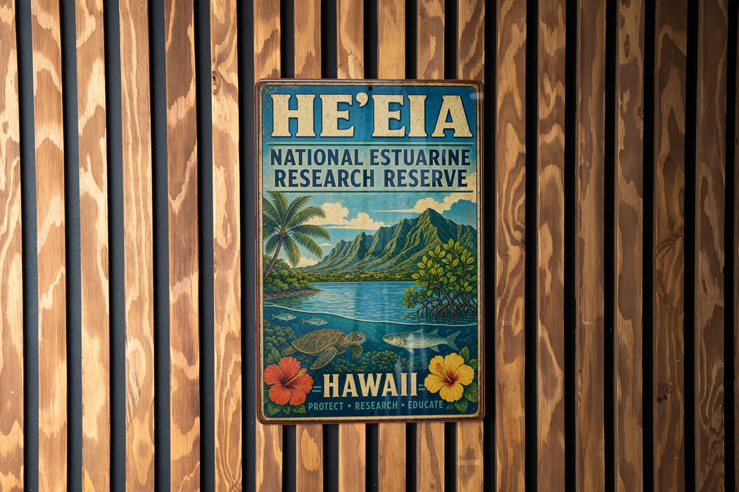 A vintage-style metal sign for the National Estuarine Research Reserve in Hawaii, featuring a tropical landscape with palm trees, mountains, and a body of water.