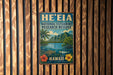 A vintage-style metal sign for the National Estuarine Research Reserve in Hawaii, featuring a tropical landscape with palm trees, mountains, and a body of water.