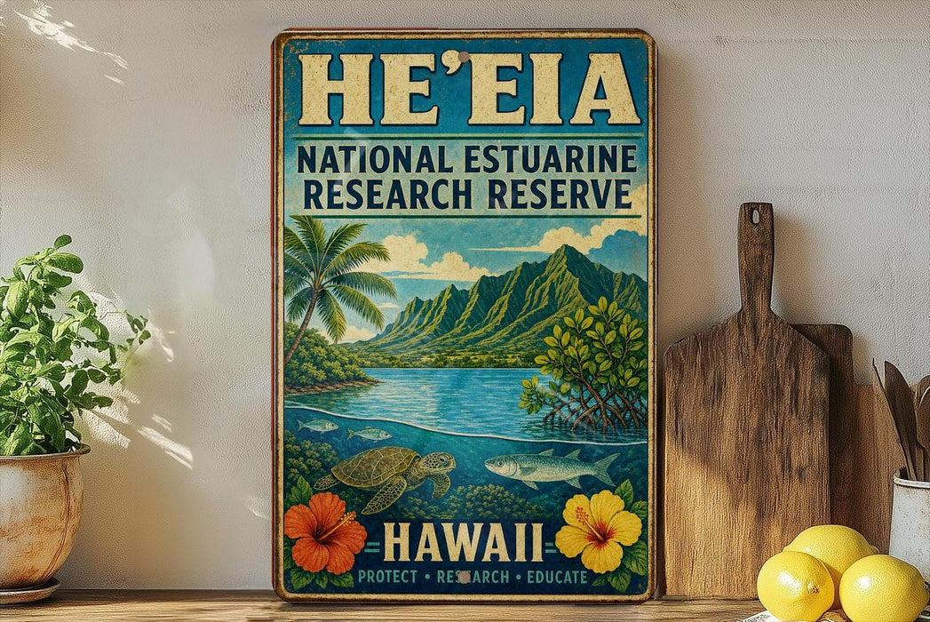 A vintage-style poster advertising the National Estuarine Research Reserve in Hawaii, featuring a tropical landscape with palm trees, mountains, and a serene body of water.