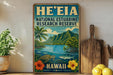 A vintage-style poster advertising the National Estuarine Research Reserve in Hawaii, featuring a tropical landscape with palm trees, mountains, and a serene body of water.