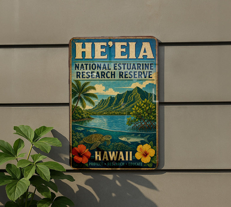 A vintage-style sign for the National Estuarine Research Reserve in Hawaii, featuring a tropical landscape with palm trees, mountains, and a body of water.