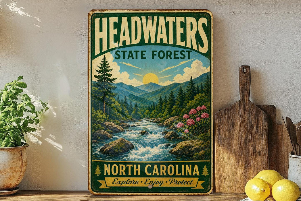 A vintage-style sign for the Headwaters State Forest in North Carolina, featuring a scenic landscape with a river, mountains, and pine trees.