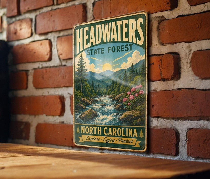 A vintage-style metal sign for the Headwaters State Forest in North Carolina, featuring a scenic landscape with a river, mountains, and pine trees.