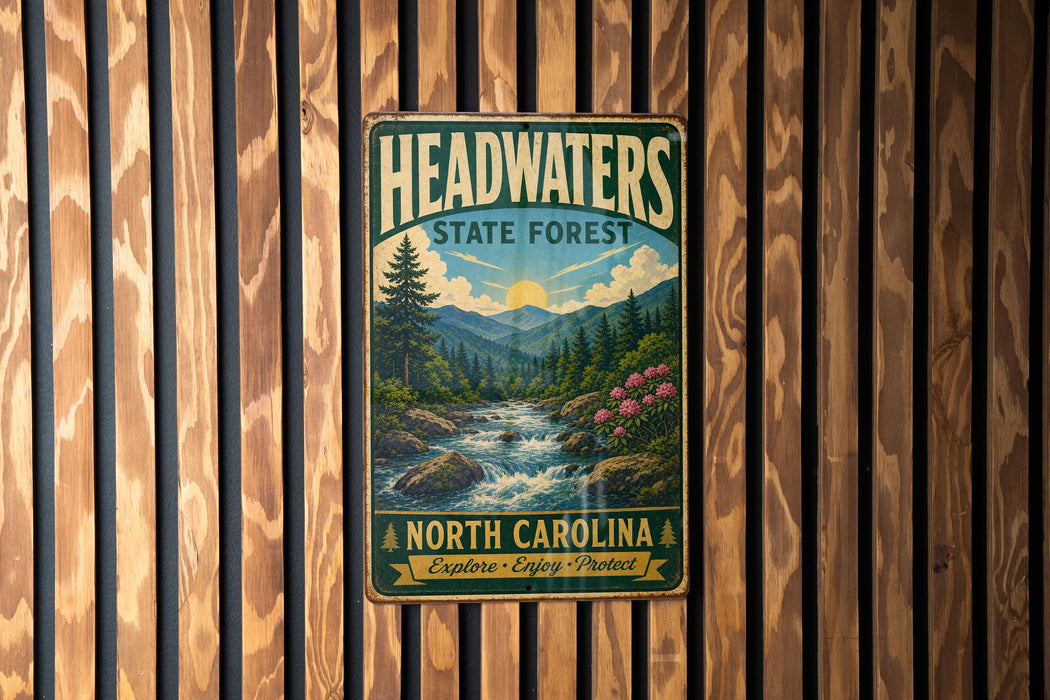 A vintage-style metal sign for Headwaters State Forest in North Carolina, featuring a scenic landscape with a river, mountains, and pine trees.