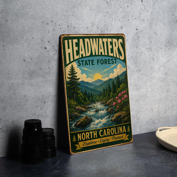 A vintage-style metal sign for Headwaters State Forest, featuring a scenic mountain landscape with a river and pine trees.