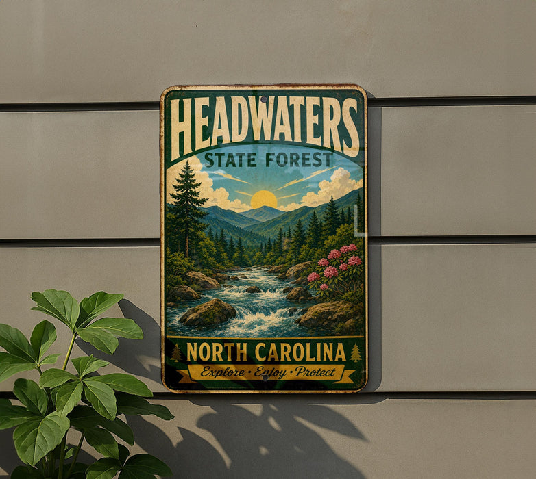 A vintage-style metal sign for the Headwaters State Forest in North Carolina, featuring a scenic landscape with a river, mountains, and pine trees.