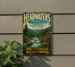 A vintage-style metal sign for the Headwaters State Forest in North Carolina, featuring a scenic landscape with a river, mountains, and pine trees.
