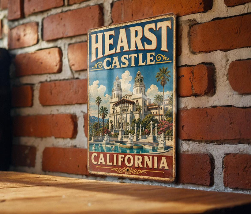 A vintage metal sign with the text "HEART CASTLE CALIFORNIA" and an illustration of a castle surrounded by palm trees and a fountain.