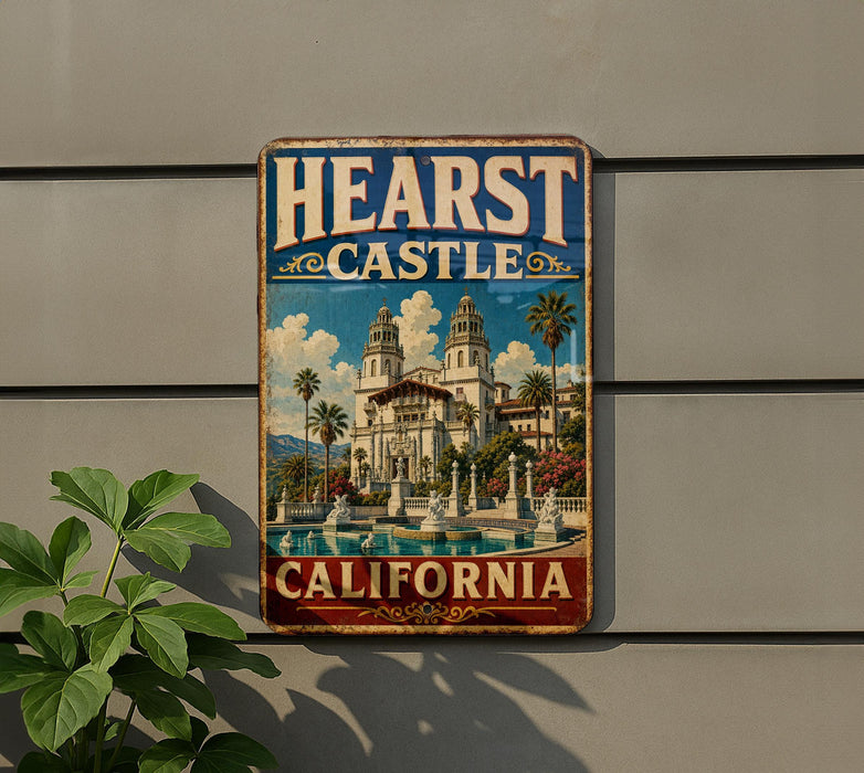 A vintage-style metal sign with the text "HEARST CASTLE CALIFORNIA" and an illustration of a castle surrounded by palm trees and a fountain.