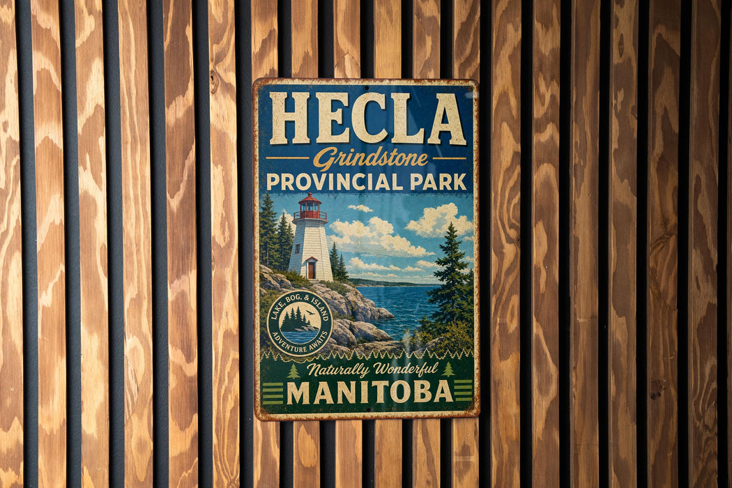 A vintage-style metal sign for Grindstone Provincial Park in Manitoba, Canada, featuring a lighthouse and a scenic landscape.