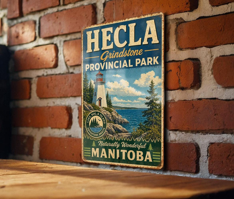 A vintage-style metal sign for Grindstone Provincial Park in Manitoba, featuring a lighthouse and a scenic landscape.